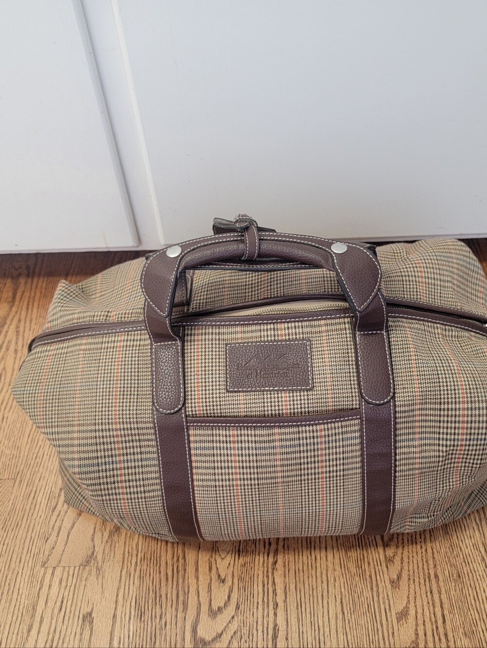Checked Travel Duffel Bag with Brown Trim